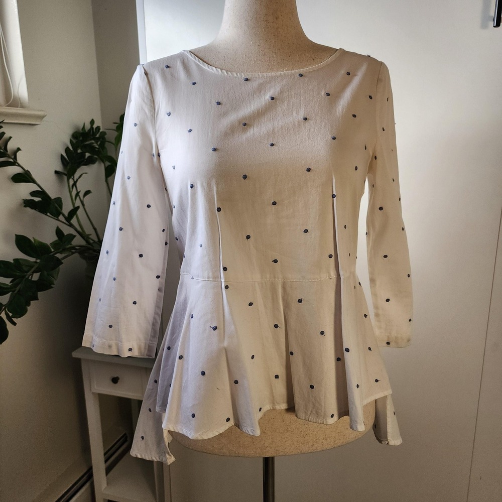 White & blue polka dots peplum blouse, flowy long button down back - Picture 9 of 10